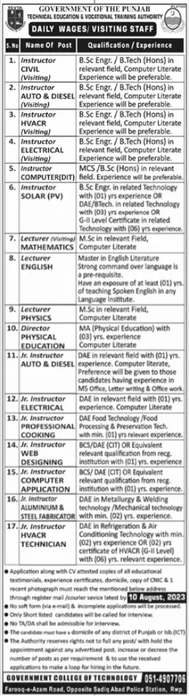 Technical Education & Vocational Traning Authority Jobs 2023 – Technical Education & Vocational Training Authority TEVTA Punjab Jobs 2023 — original advertisement