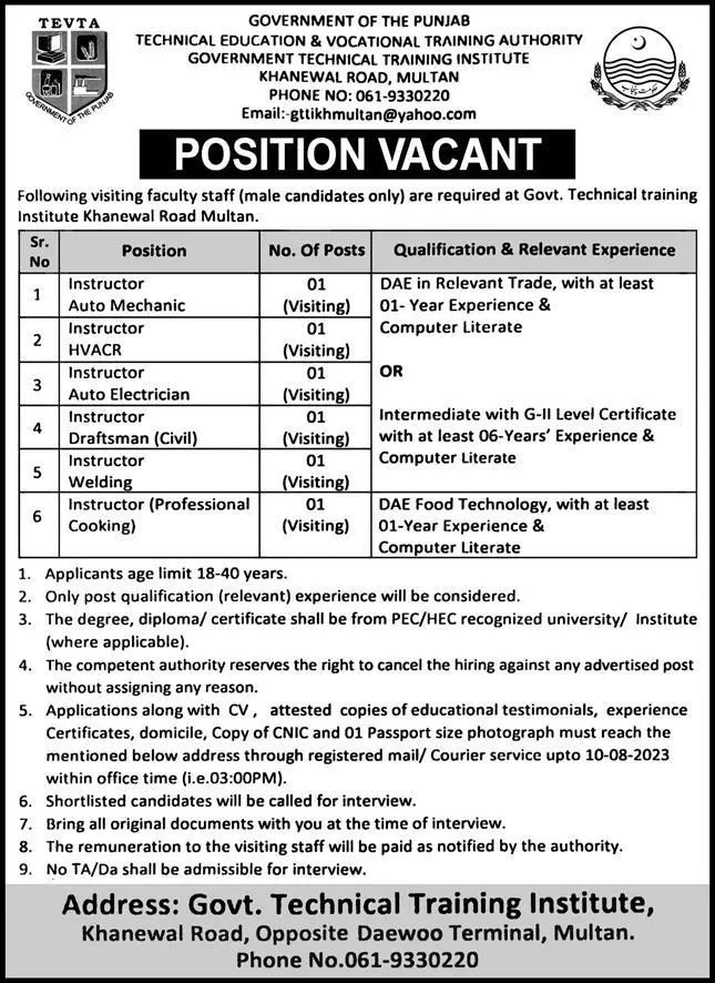 Technical Education & Vocational Traning Authority MultanJob – Technical Education & Vocational Training Authority TEVTA Punjab Jobs 2023 — original advertisement