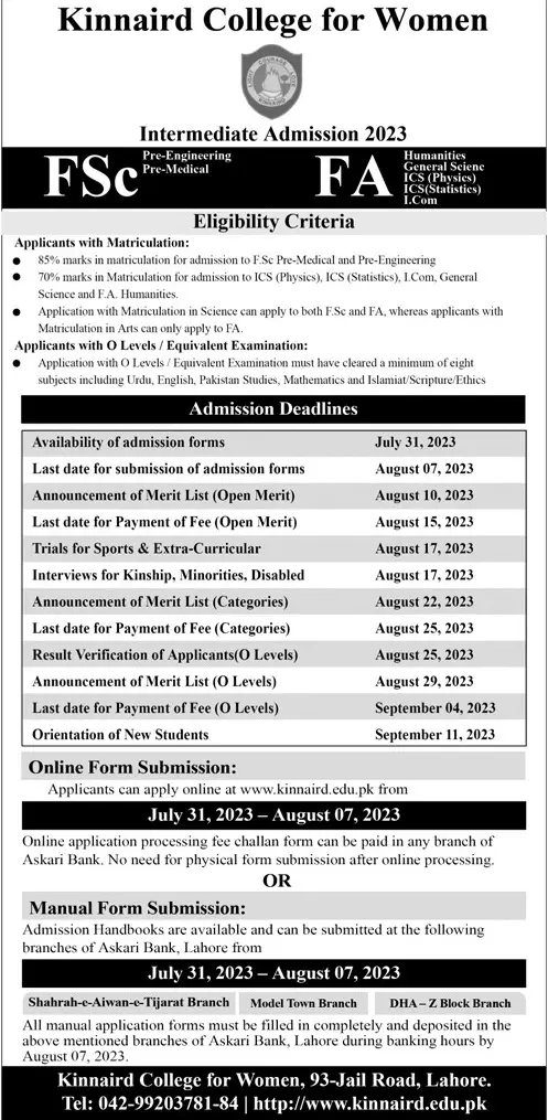 Punjab kinnaird College for Women Lahore Admissions 2023 Admissions 2023 — original advertisement