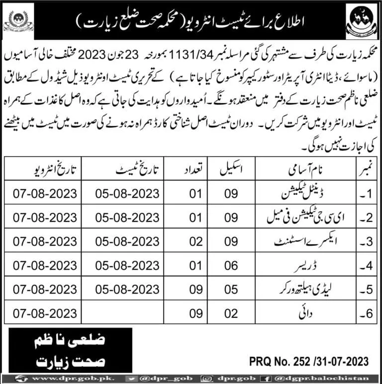 Health Department Ziarat Interview Schedule 2023 – Health Department Balochsitan Jobs 2023 — original advertisement