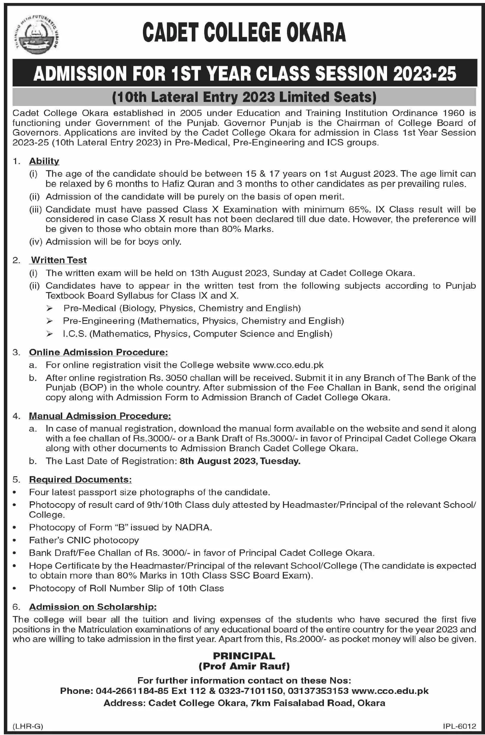 Cadet College Okara Punjab Admissions 2023 Admissions 2023 — original advertisement