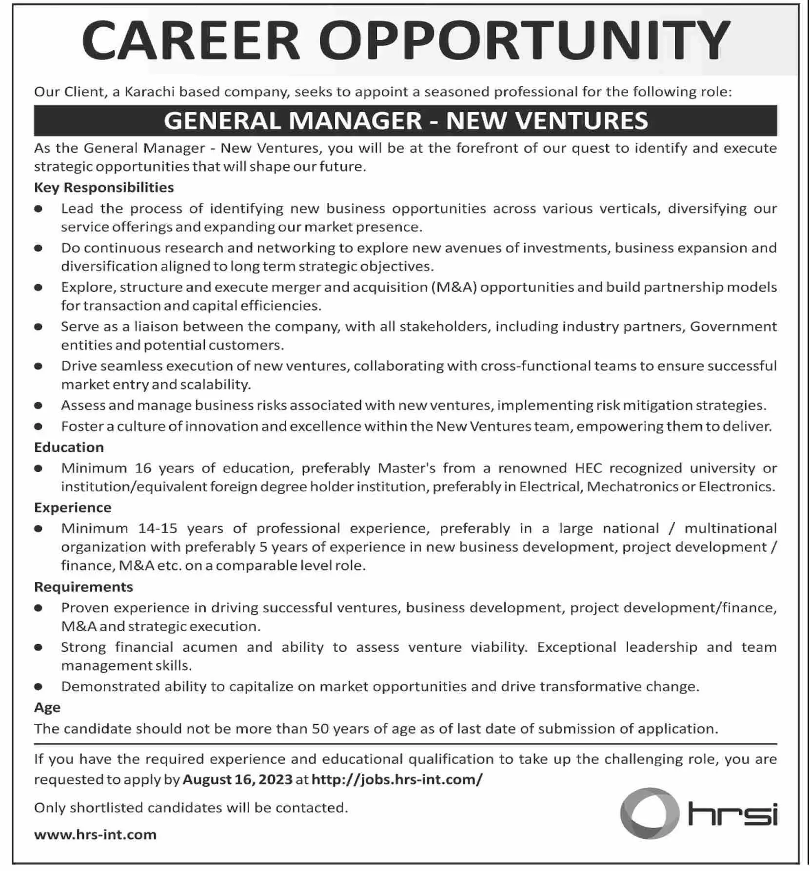 Human Resource Solution International HRSI Jobs 2023 – HRSG People and Business karachi Jobs 2023 — original advertisement