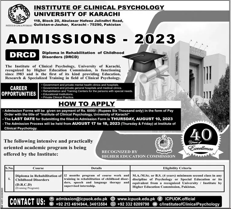 Institute of Clinical Psychology University Admissions 2023 – University of Karachi Admissions 2023 — original advertisement