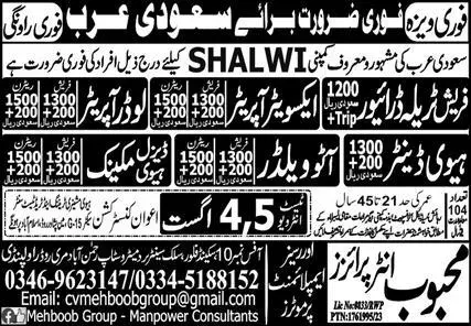 Loader Operator & Excavator Operator Jobs 2023 In KSA – Mehboob Enterprises Overseas Employment Promoters Jobs 2023 — original advertisement
