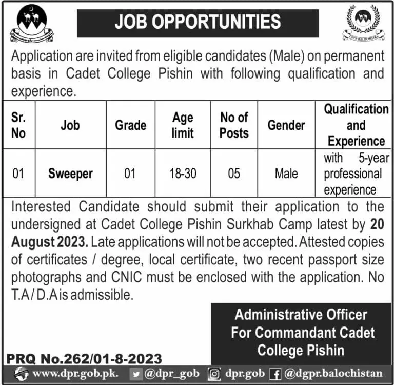 Cadet College Pishin Balochistan Jobs 2023 Jobs 2023 — original advertisement