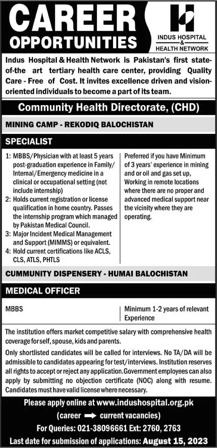 Indus Hospital & Health Network Balochistan Jobs 2023 Jobs 2023 — original advertisement