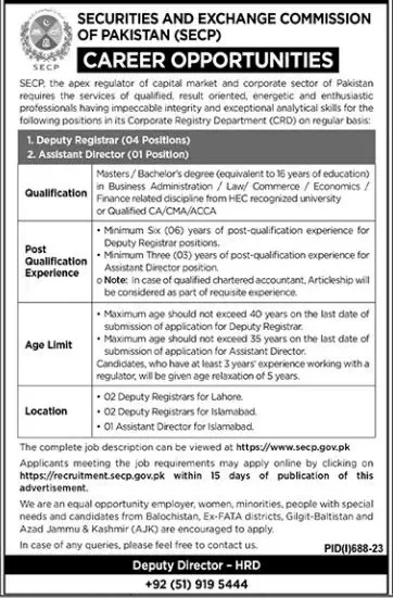 Securities & Exchange Commission of Pakistan Secp Jobs 2023 Jobs 2023 — original advertisement