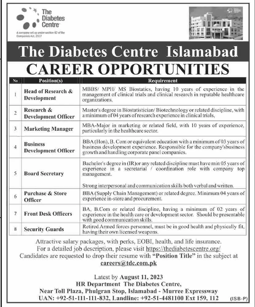 The Diabetes Centre Islamabad Jobs 2023 Jobs 2023 — original advertisement