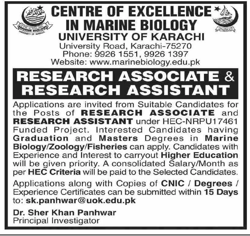 Centre Of Excellence In Marine Biology Karachi Jobs 2023 – University of Karachi Jobs 2023 — original advertisement