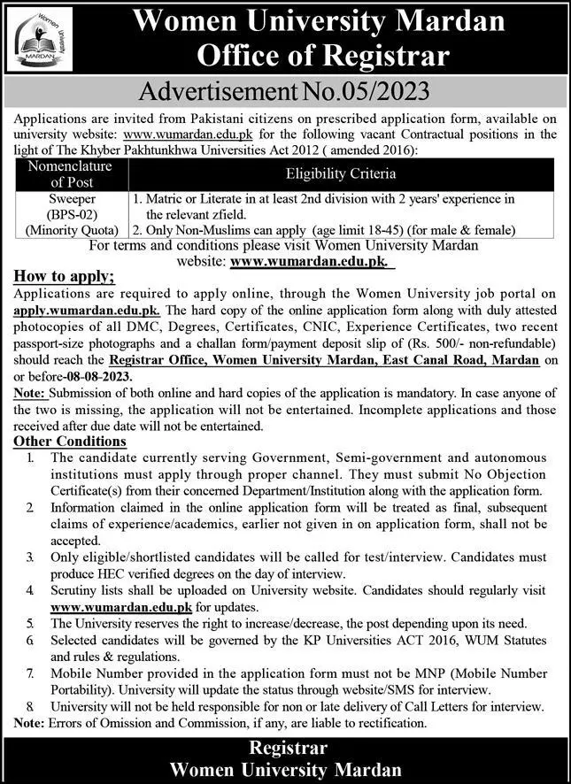 Women University Mardan Jobs 2023 – Women University Mardan Kpk Jobs 2023 — original advertisement