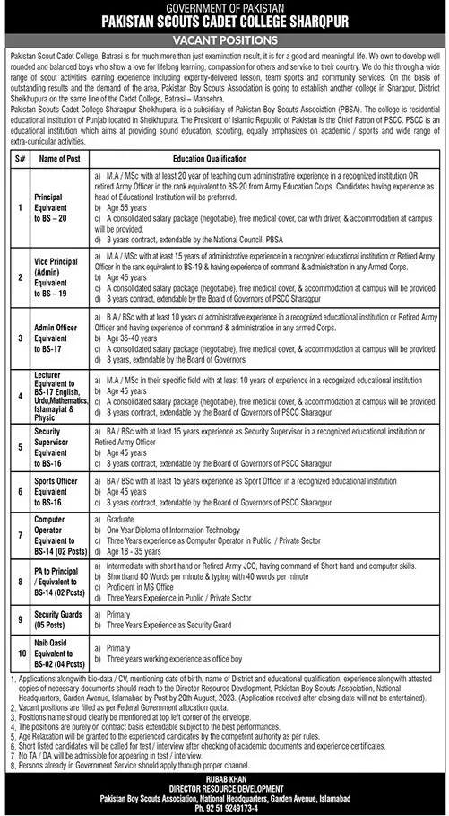 Pakisatan Scouts Cadet College Sharqpur Jobs 2023 – Pakistan Scouts Cadet College Sharqpur Jobs 2023 — original advertisement