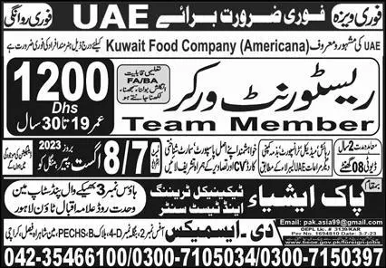 Restaurant Worker & Team Member Jobs 2023 In UAE – Pak Asia Technical Training Centre Jobs 2023 — original advertisement