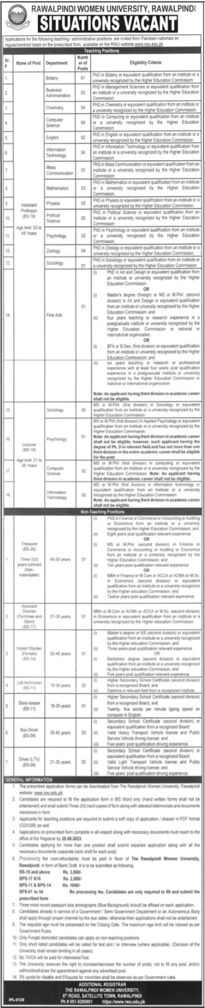 Rawalpindi Women University RWU Rawalpindi Jobs 2023 – Rawalpindi Women University Rawalpindi Jobs 2023 — original advertisement