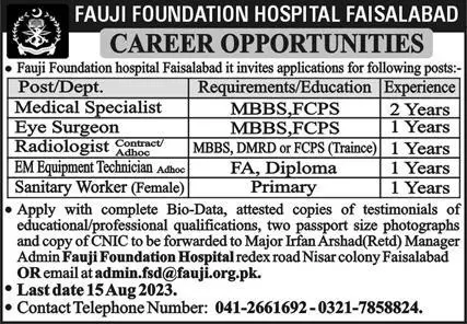 Fauji Foundation Hospital Faisalabad Jobs 2023 Jobs 2023 — original advertisement