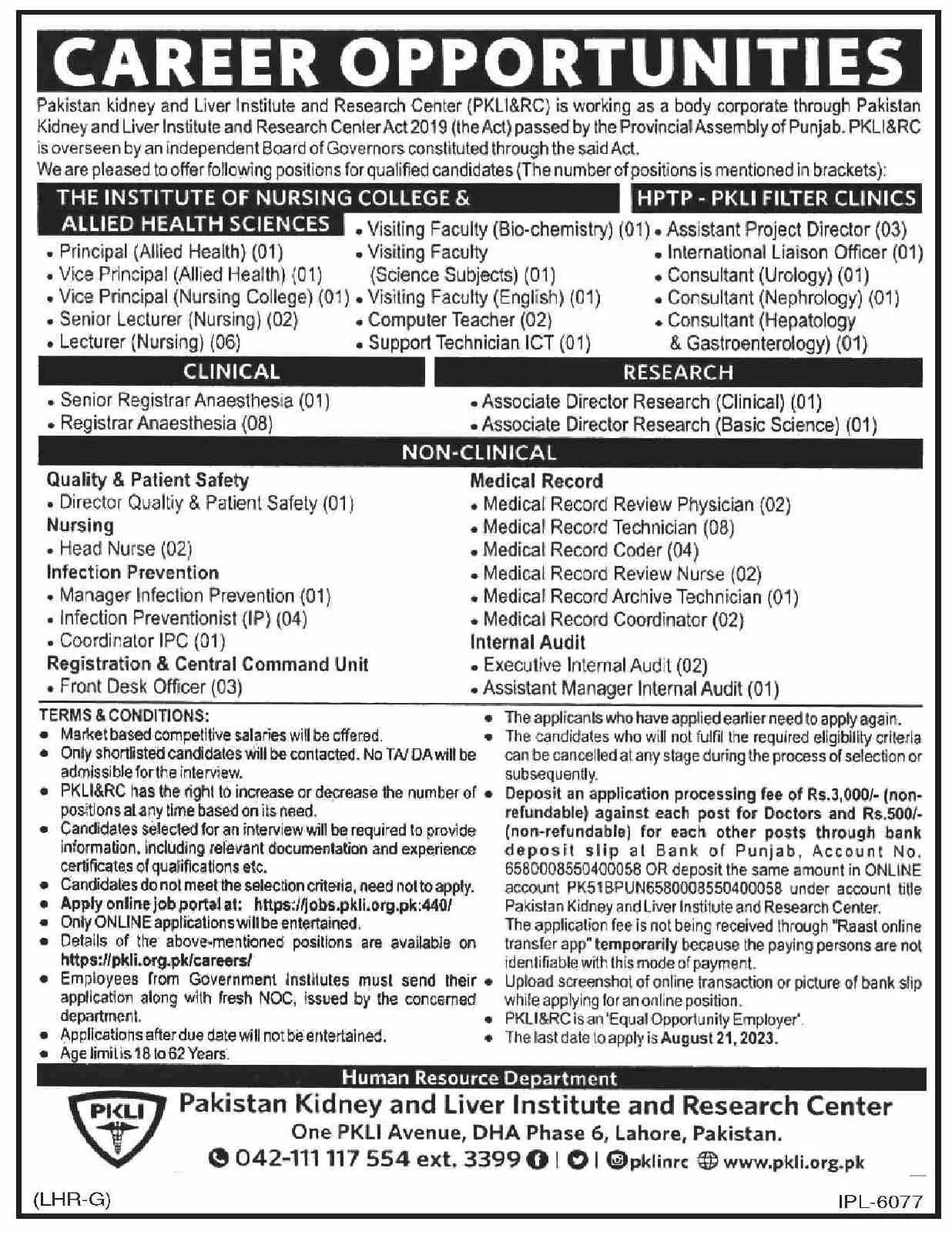 Pakistan Kidney And Liver Institute Lahore Jobs 2023 – Pakistan Kidney And Liver Institute (PKLI) And Research Centre Lahore Jobs 2023 — original advertisement