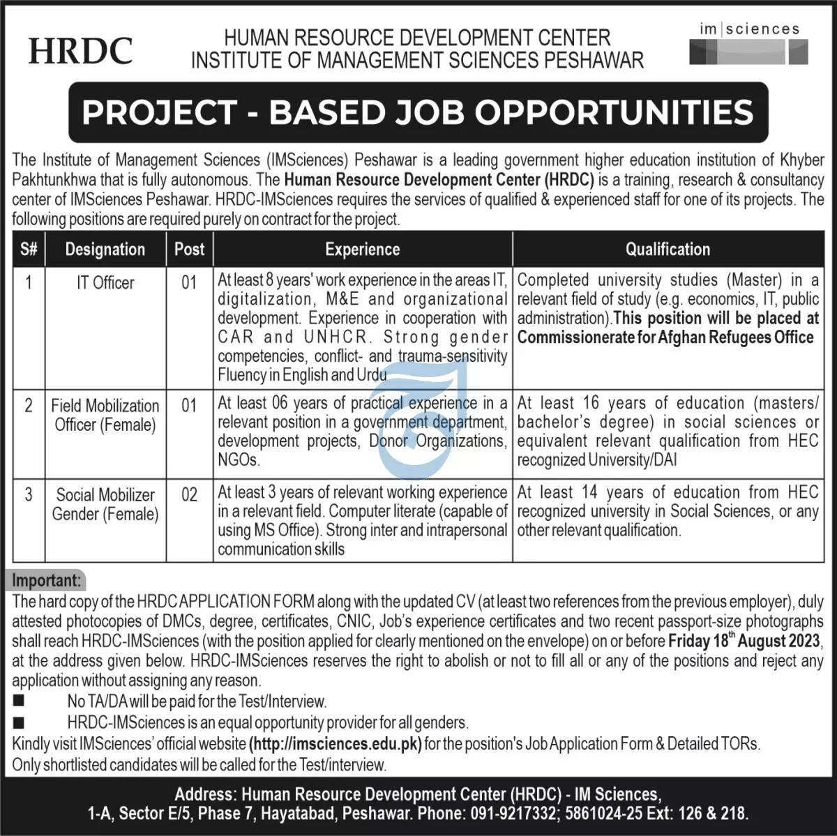 Institute of Management Sciences Peshawar Jobs 2023 Jobs 2023 — original advertisement