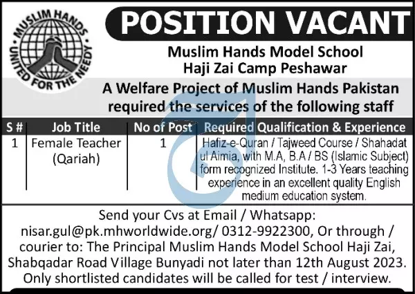 Muslim Hands Model School Peshawar Jobs 2023 Jobs 2023 — original advertisement