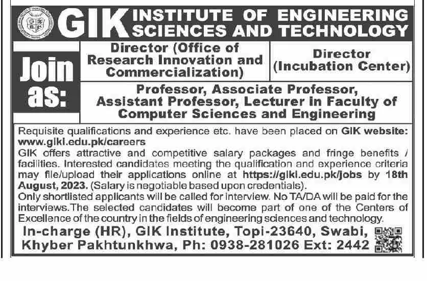 GIK Institute of Engineering Sciences & Technology Jobs 2023 – Ghulam Ishaq Khan GIK Institute of Engineering Sciences and Technology Swabi Jobs 2023 — original advertisement