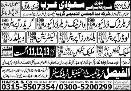 Bulldozer Operator & Water Tank Trailer Driver Jobs 2023 – Al Faisal Trade Test & Technical Training Center Jobs 2023 — original advertisement