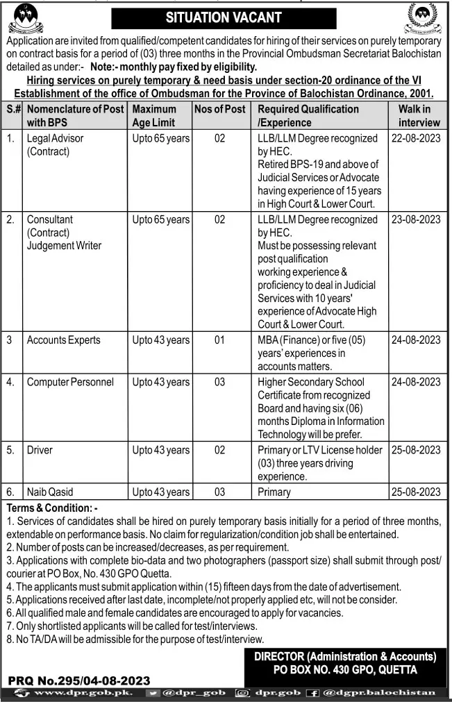 Provincial Ombudsman Secretariat Balochistan Jobs 2023 – Provincial Ombudsman Mohtasib Secretariat Balochistan Jobs 2023 — original advertisement