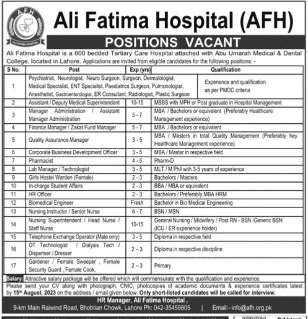 Ali Fatima Hospital AFH Lahore Punjab Jobs 2023 – Ali Fatima Hospital (AFH) Jobs 2023 — original advertisement