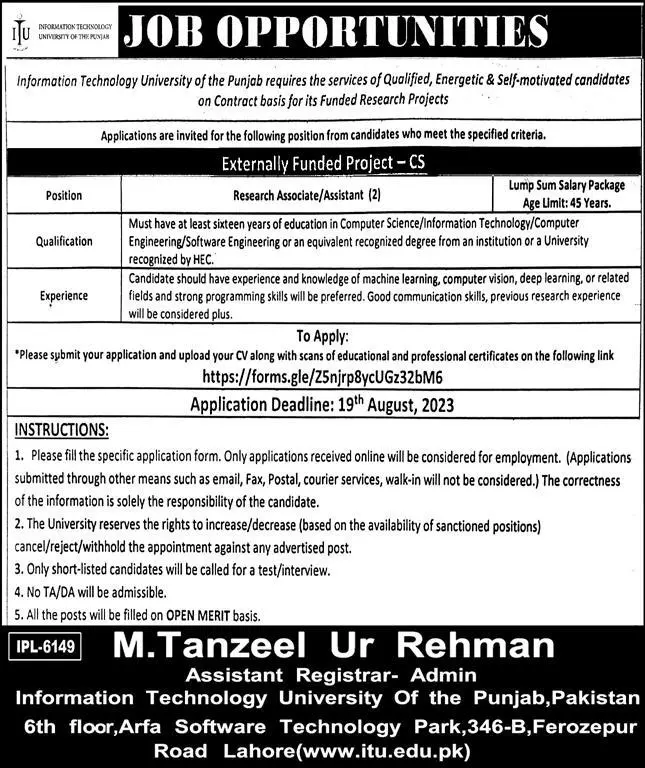 Information Technology University of Punjab Jobs 2023 – Information Technology University of the Punjab Lahore Jobs 2023 — original advertisement