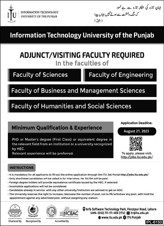 Information Technology University of Punjab Lahore Jobs – Information Technology University of the Punjab Lahore Jobs 2023 — original advertisement