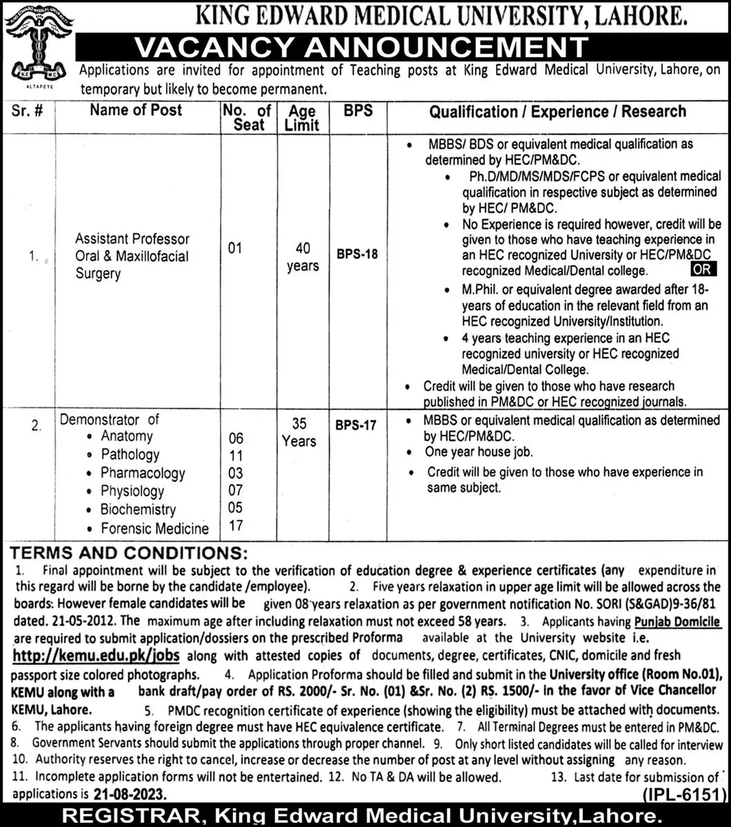 King Edward Medical University Lahore Jobs 2023 Jobs 2023 — original advertisement