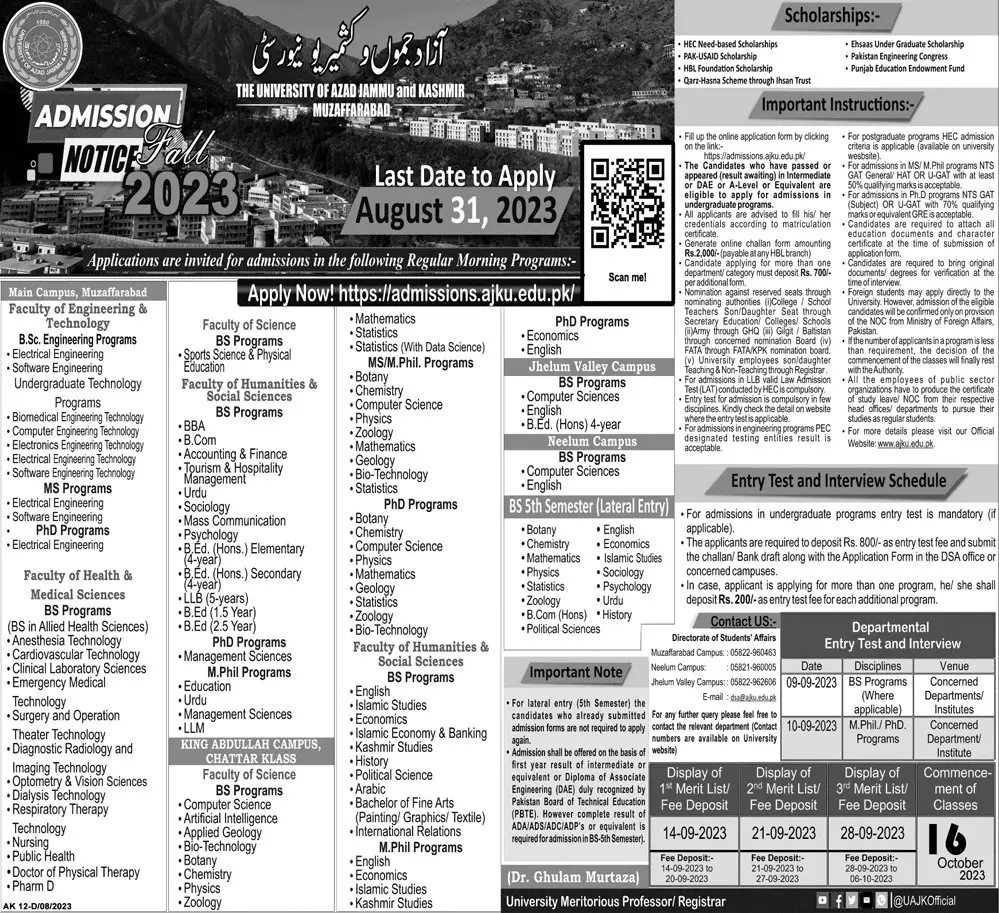 University of Azzad Jammu and Kashmir Admissions 2023 – University of Azad Jammu & Kashmir Admissions 2023 — original advertisement