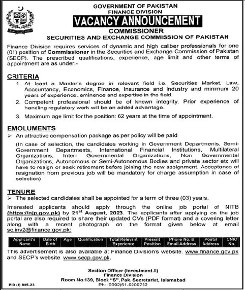 Finance Division Islamabad Jobs 2023 Jobs 2023 — original advertisement