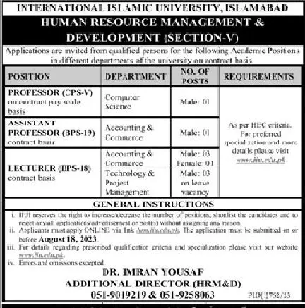 International Islamic University Islamabad Jobs 2023 Jobs 2023 — original advertisement