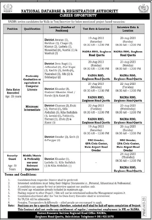 National Database And Registration Authority Quetta Job 2023 Jobs 2023 — original advertisement