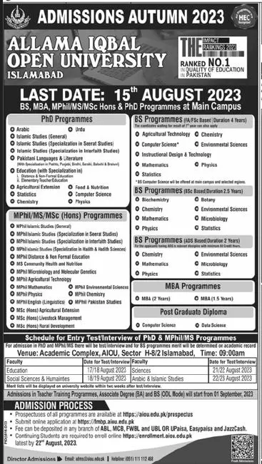 Allamaa Iqbal Open University Islamabad Admissions 2023 – Allama Iqbal Open University Islamabad Admissions 2023 — original advertisement