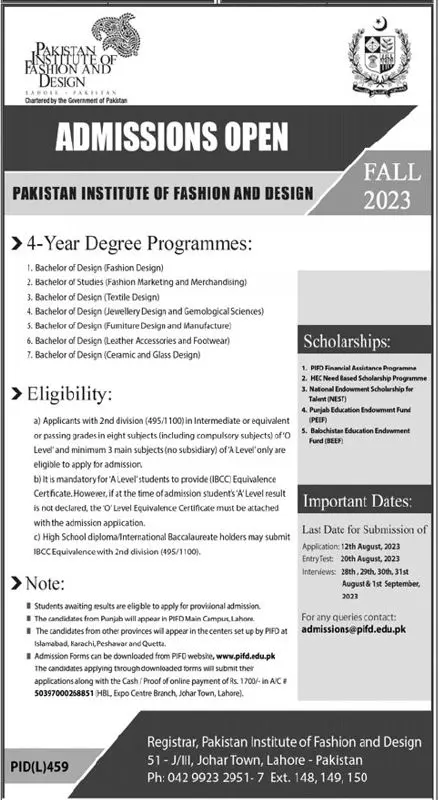 Pakistan Institute of Fashion And Design Lahore Admissions – Pakistan Institute of Fashion and Design PIFD Lahore Admissions 2023 — original advertisement