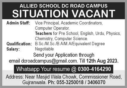 Allied School Gujranwala Punjab Jobs 2023 – Allied School System Jobs 2023 — original advertisement