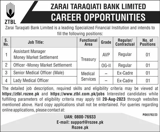 Zarai Taraqiati Bank Limited ZTBL Lahore Jobs 2023 Jobs 2023 — original advertisement