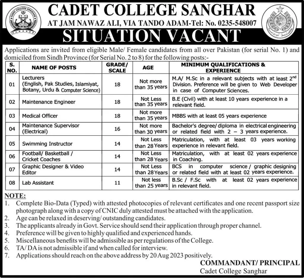 Cadet College Sanghar Sindh Jobs 2023 Jobs 2023 — original advertisement