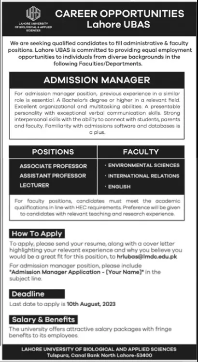 Lahore University Of Biological & Applied Sciences Jobs 2023 Admissions 2023 — original advertisement
