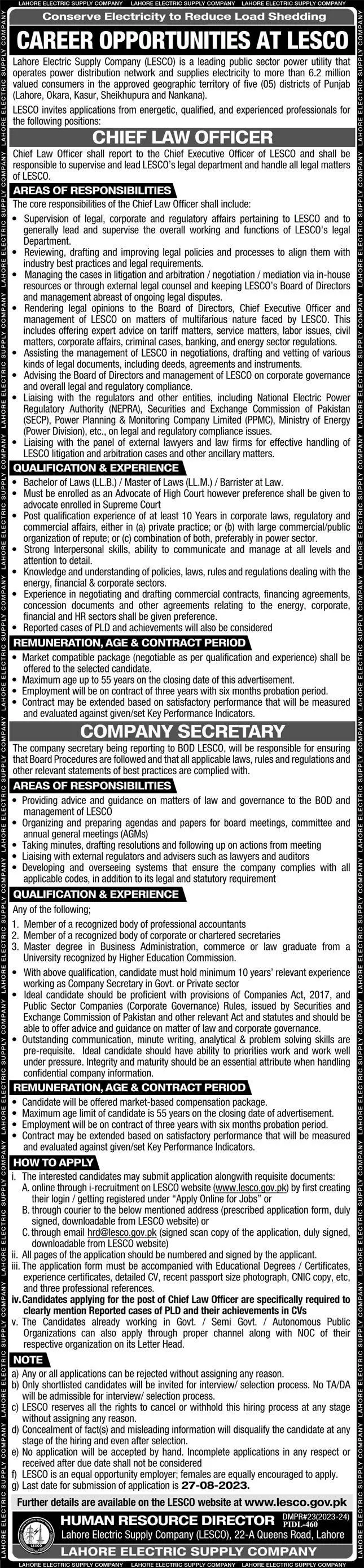 Lahore Electric Supply Company LESCO Jobs 2023 – Lahore Electric Supply Company LESCO Lahore Jobs 2023 — original advertisement