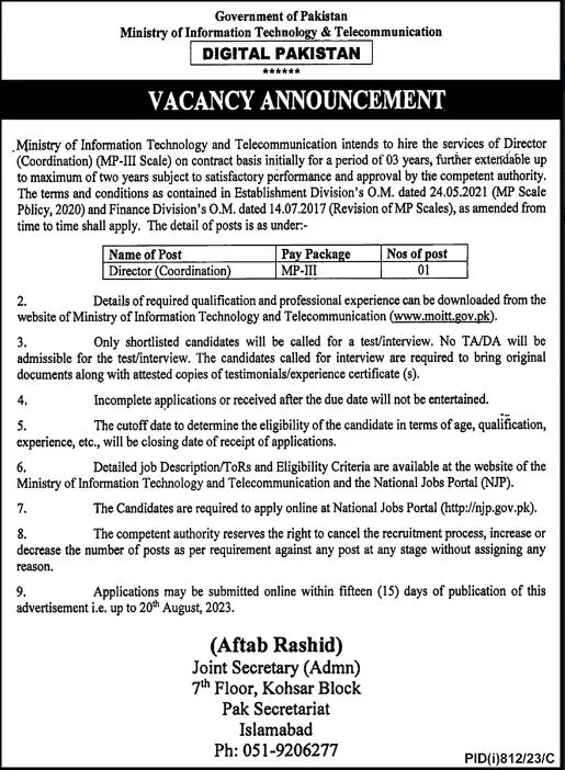 Ministry of Information Technology & Telecommunication Jobs – Ministry of Information Technology and Telecommunication Jobs 2023 — original advertisement