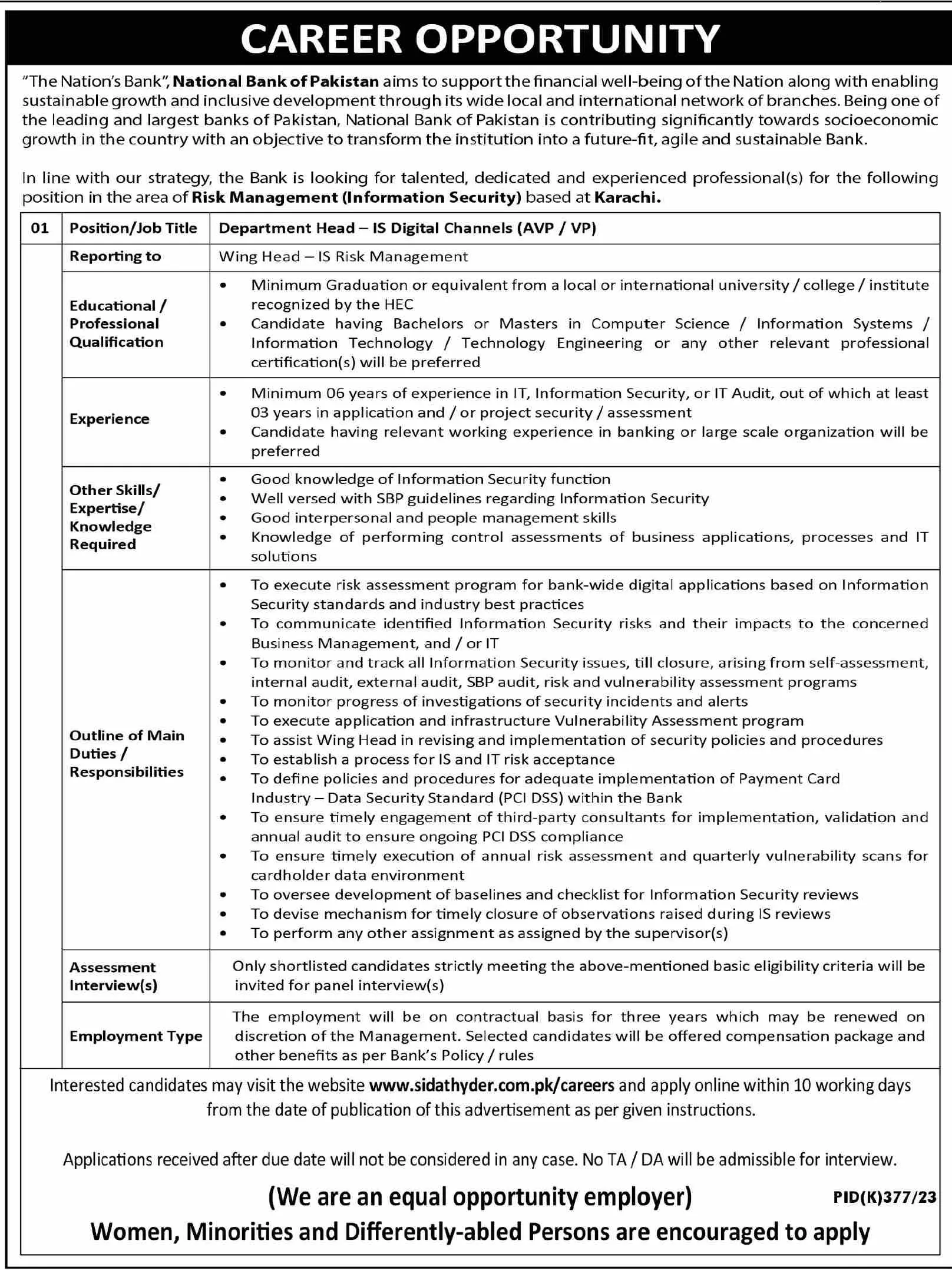 National Bank of Pakistan karachi Sindh Jobs 2023 Jobs 2023 — original advertisement
