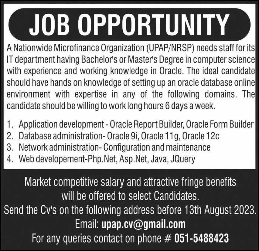 UPAP NRSP Organization IT Rawalpindi Jobs 2023 – Public Sector Organization Jobs 2023 — original advertisement