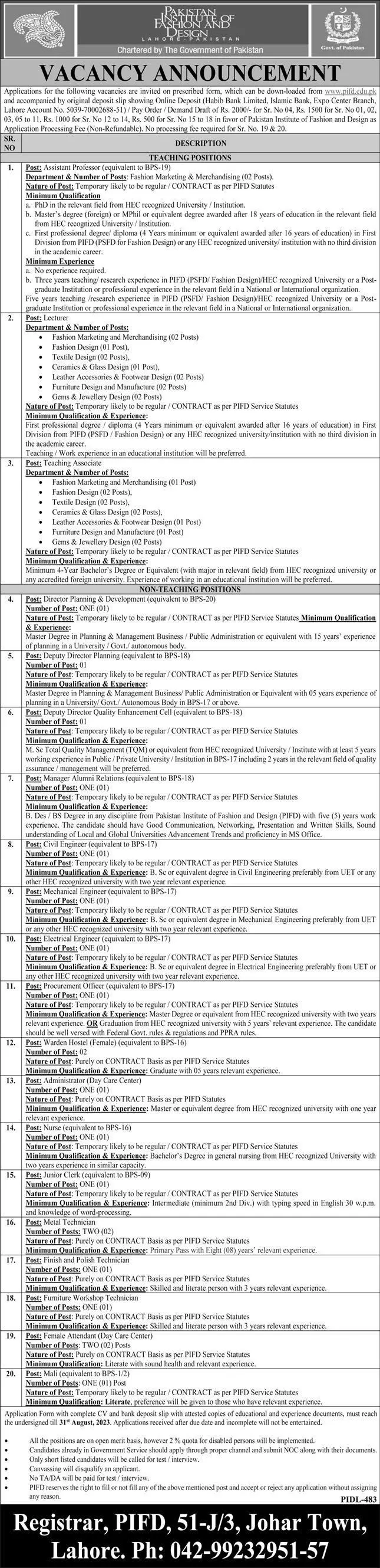 Pakistan Institute of Fashion And Design Lahore Jobs 2023 – Pakistan Institute of Fashion and Design PIFD Lahore Jobs 2023 — original advertisement