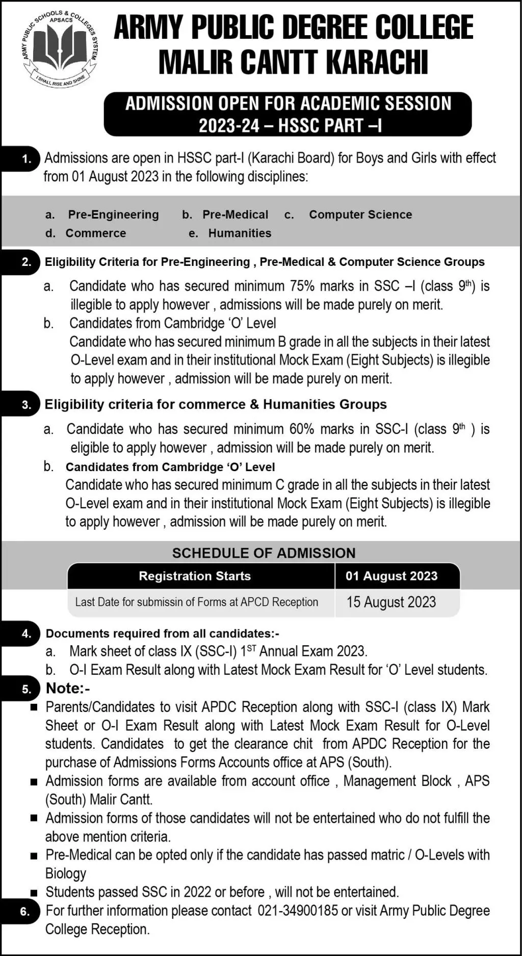 Army Public Degree College Malir Cantt Karachi Admissions – Army Public School & College Paksitan Admissions 2023 — original advertisement