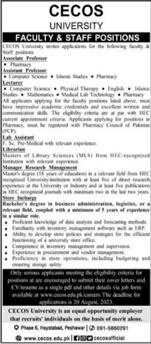 CECOS University Peshawar Jobs 2023 Jobs 2023 — original advertisement