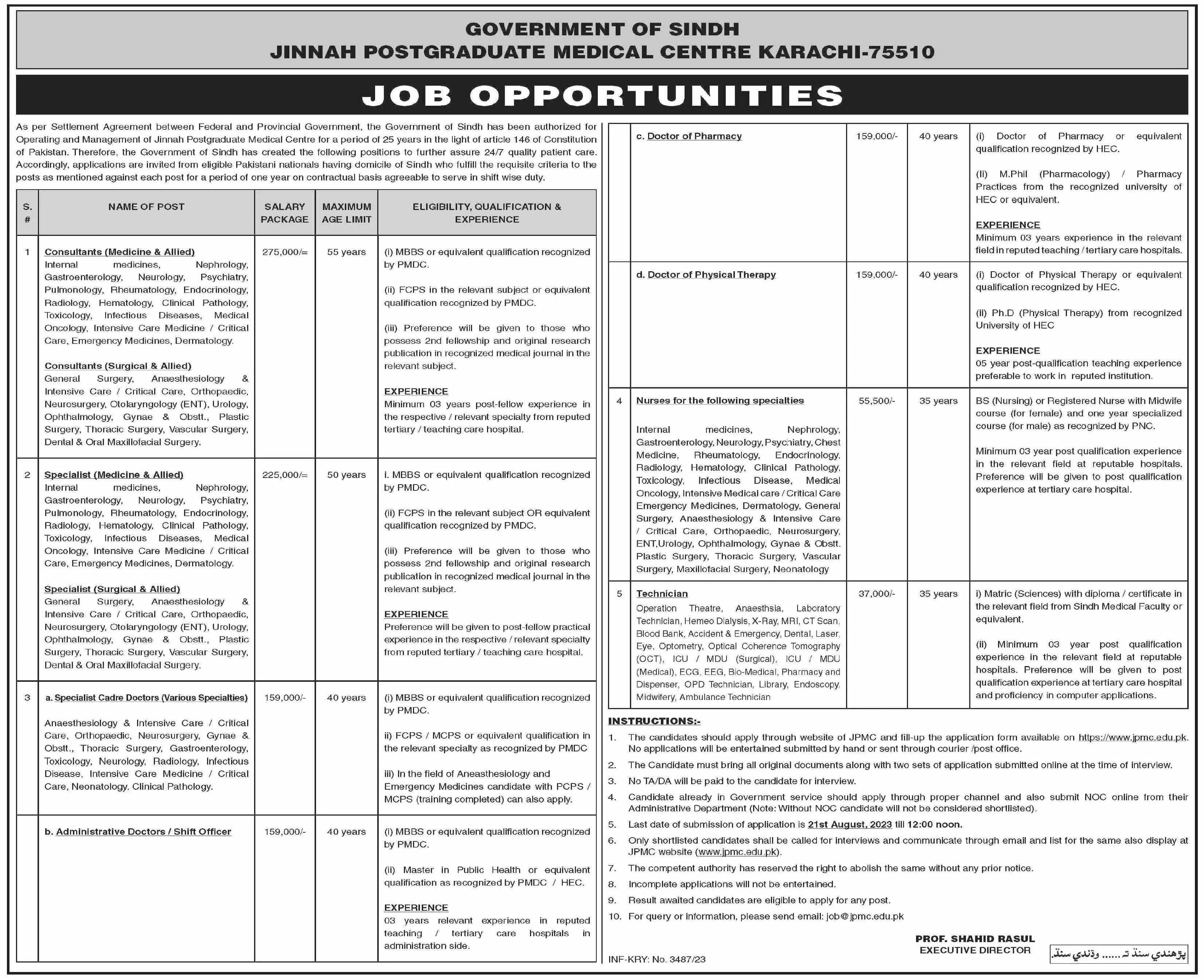 Jinnah Postgraduate Medical Center Karachi Jobs 2023 – Govt of Sindh Jobs 2023 — original advertisement
