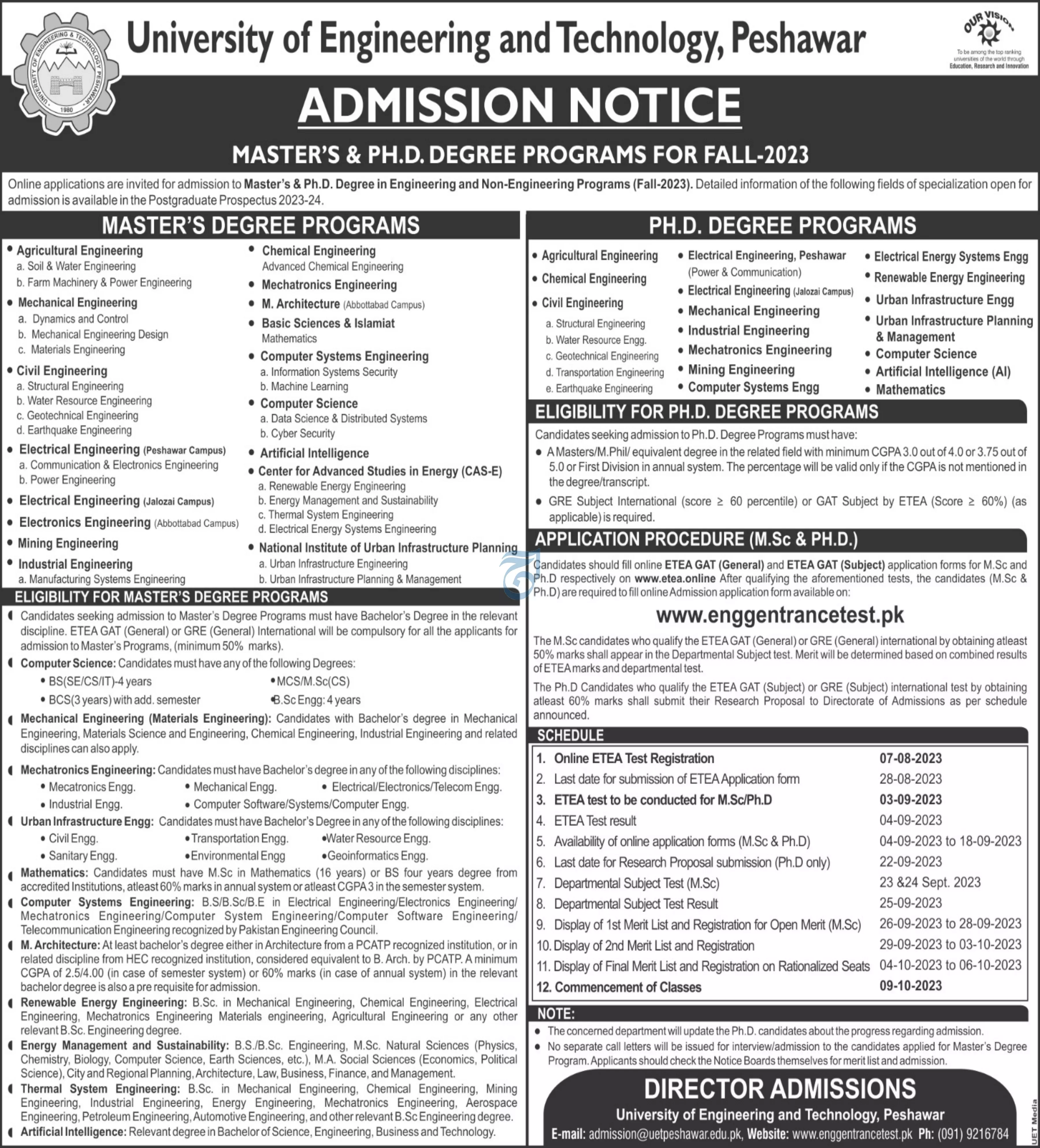 University of Engineering And Technology Peshawar Admissions Admissions 2023 — original advertisement