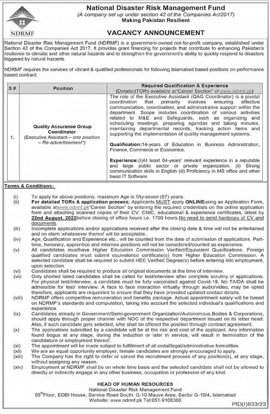 National Disaster Risk Management Fund Islamabad Job 2023 – National Disaster & Risk Management Fund Jobs 2023 — original advertisement