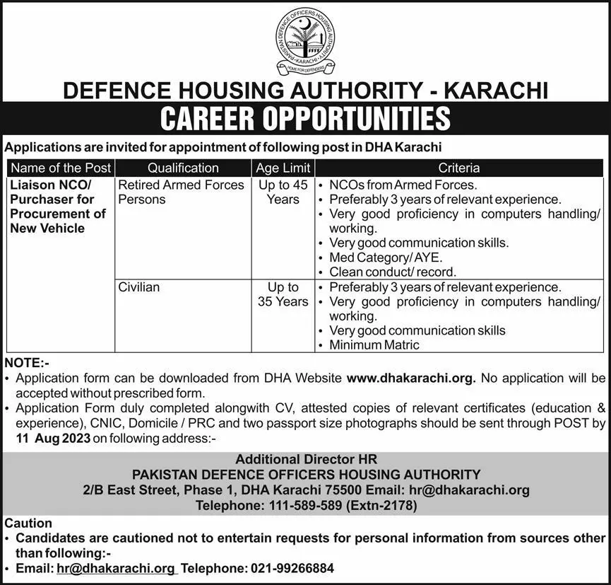 Defence Housing Authority DHA Karachi Jobs 2023 Jobs 2023 — original advertisement