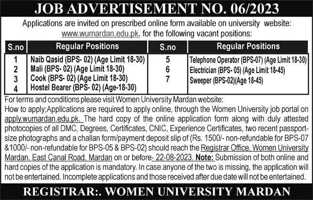 Women University Mardan Khyber Pakhtunnkhwa Jobs 2023 – Women University Mardan Kpk Jobs 2023 — original advertisement